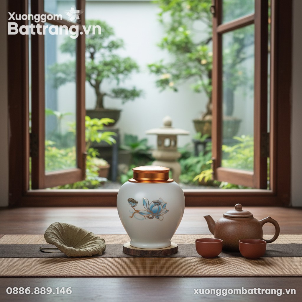 Hũ đựng trà hoa sen xanh đặt trên tấm chiếu cói...