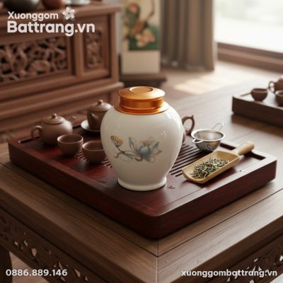 Cận cảnh hũ đựng trà hoa sen xanh nắp vàng đồng...