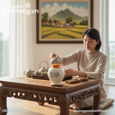 Hũ đựng trà hoa sen xanh nắp vàng đồng đặt trên...