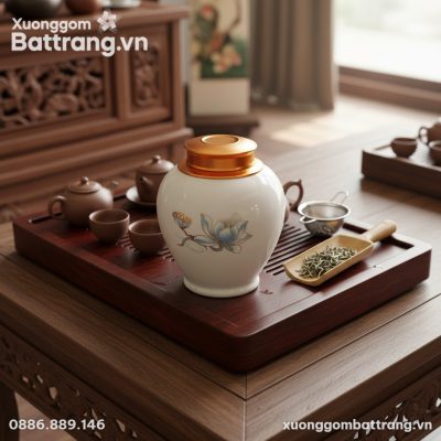 Cận cảnh hũ đựng trà hoa sen xanh nắp vàng đồng...