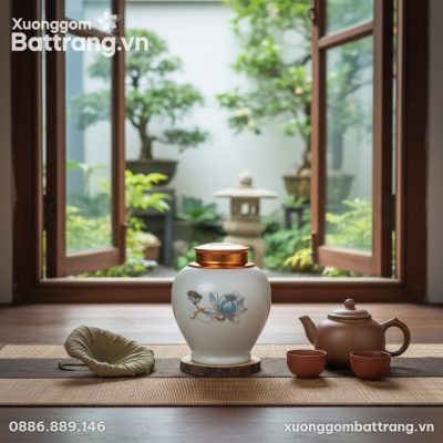 Hũ đựng trà hoa sen xanh đặt trên tấm chiếu cói...