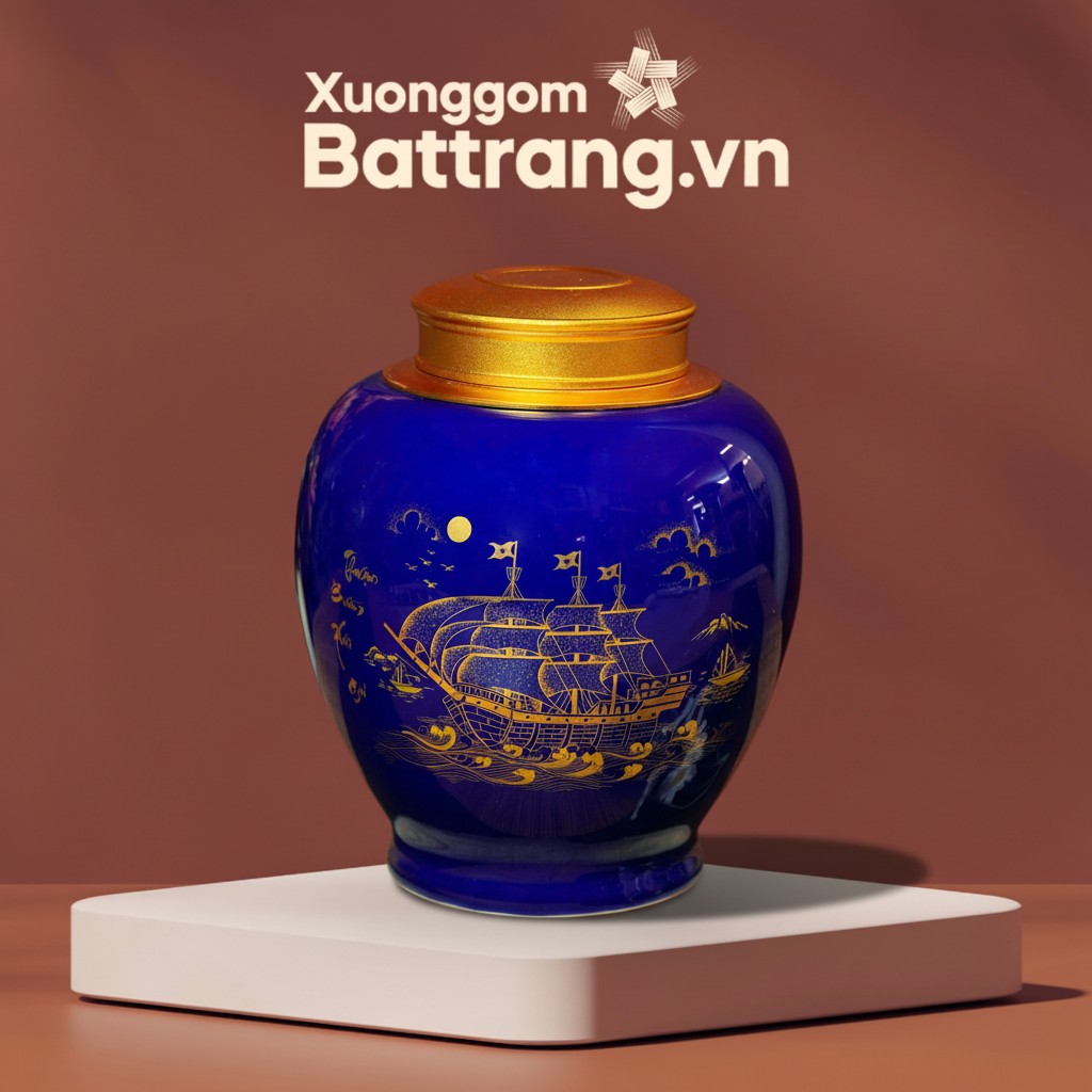 Hũ Đựng Trà Họa Tiết Thuận Buồm Xuôi Gió Men Xanh Cobalt XG-HDT04