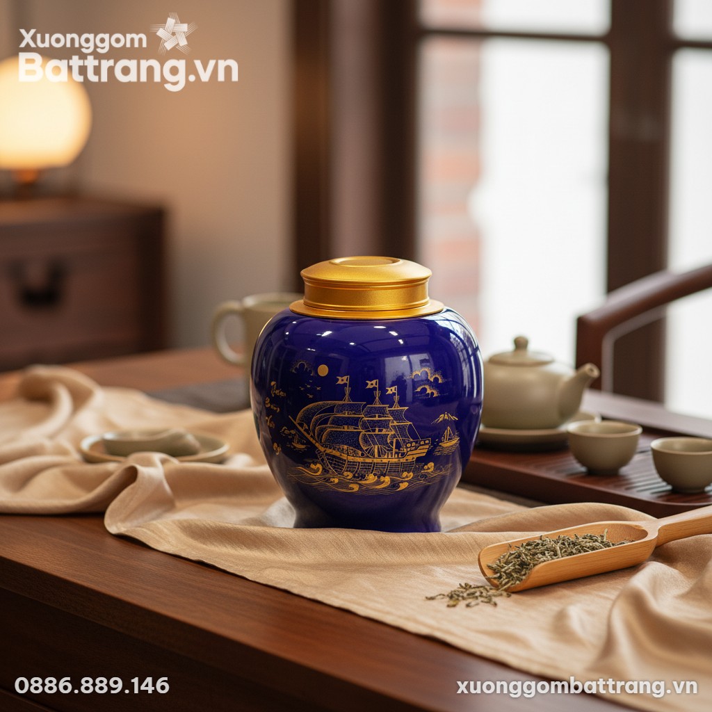 Hũ đựng trà "Thuận buồm xuôi gió" men xanh coba...