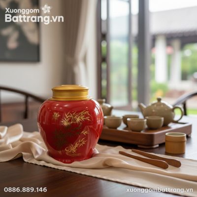Cận cảnh hũ đựng trà men đỏ bóng bẩy với họa ti...
