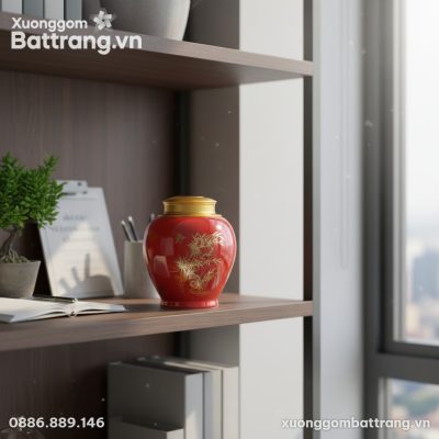 Hũ đựng trà men đỏ họa tiết cây trúc đặt trang ...