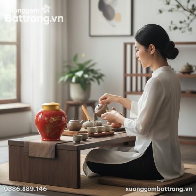 Một người thưởng trà thanh lịch đang chuẩn bị t...