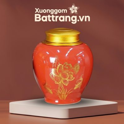 Hũ Đựng Trà Men Đỏ Nắp Vàng Họa Tiết Sen Cá XG-HDT15 - Ảnh đại diện