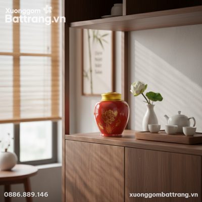 Hũ trà men đỏ XG-HDT15 được đặt tinh tế trên mộ...