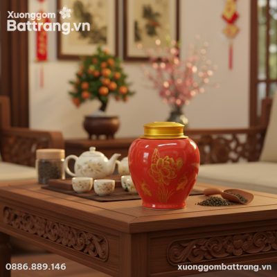 Hũ trà men đỏ XG-HDT15 đặt nổi bật trên bàn gỗ ...