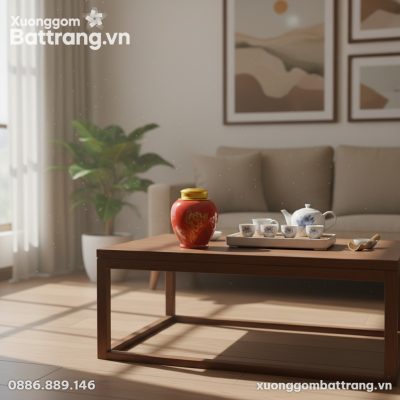 Hũ trà men đỏ XG-HDT15 đặt trên bàn trà gỗ tự n...