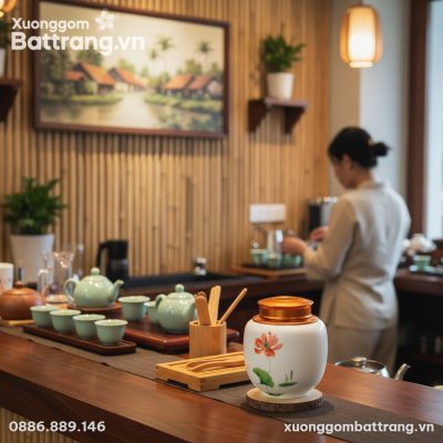 Hũ trà men trắng hoa sen đặt trên quầy bar gỗ h...