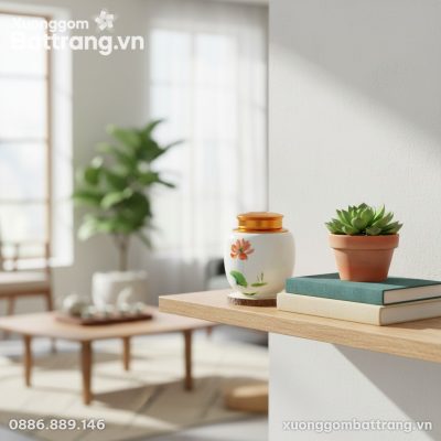 Hũ trà men trắng hoa sen đặt trên kệ gỗ tự nhiê...