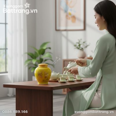 Lọ chè Song Ngư Vàng đặt tinh tế trên bàn trà g...