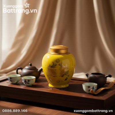 Chụp cận cảnh lọ chè Song Ngư Vàng với họa tiết...