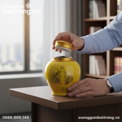 Cận cảnh lọ chè Song Ngư Vàng đặt ở góc bàn làm...