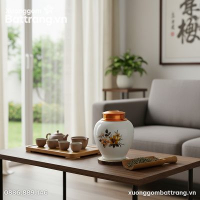 Cận cảnh lọ chè gốm sứ trắng nắp đồng họa tiết ...