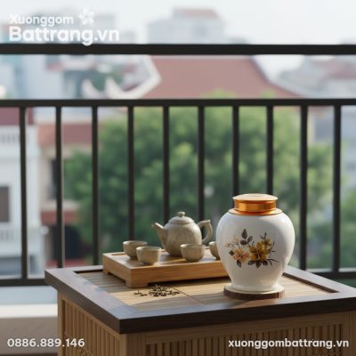 Lọ chè gốm sứ trắng họa tiết hoa vàng cam được ...