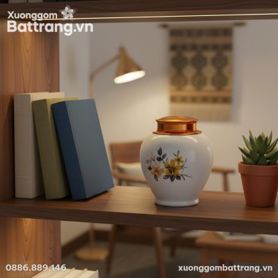 Lọ chè gốm sứ trắng nắp đồng nổi bật trên kệ sá...