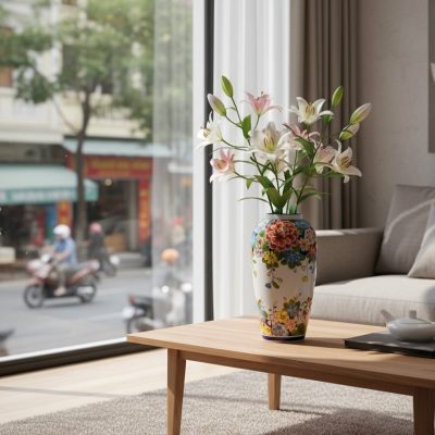 Một lọ hoa gốm Bát Tràng vẽ tay hoa đa sắc cao ...