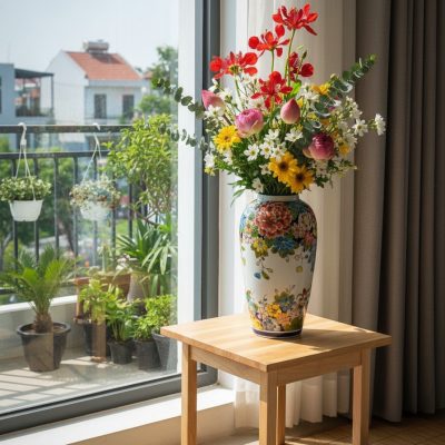 Một lọ hoa gốm Bát Tràng vẽ tay hoa đa sắc cao ...