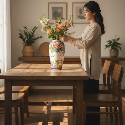 Một lọ hoa Bát Tràng vẽ tay hoa đa sắc cao 32cm...