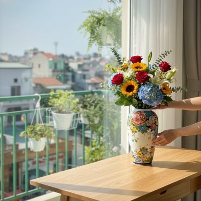 Một lọ hoa gốm Bát Tràng vẽ tay hoa đa sắc cao ...