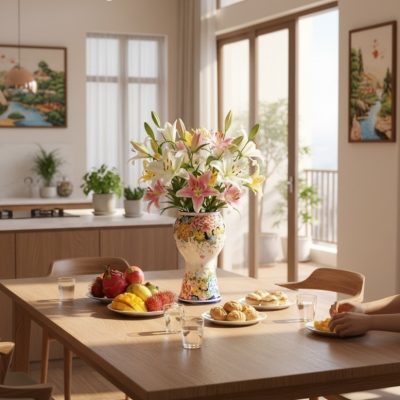 Lọ hoa gốm Bát Tràng vẽ ngàn hoa đa sắc cao 33c...