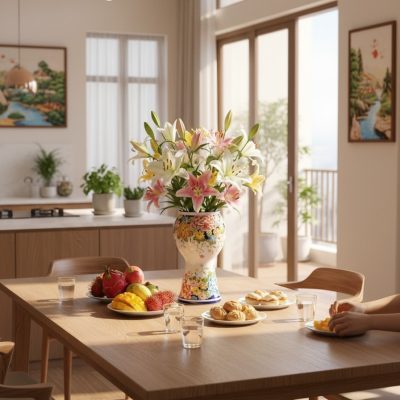 Lọ hoa gốm Bát Tràng vẽ ngàn hoa đa sắc cao 33c...