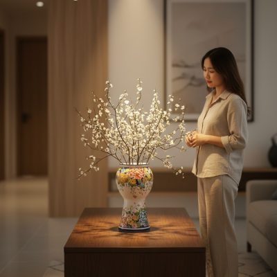 Lọ hoa gốm Bát Tràng vẽ ngàn hoa đa sắc cao 33c...