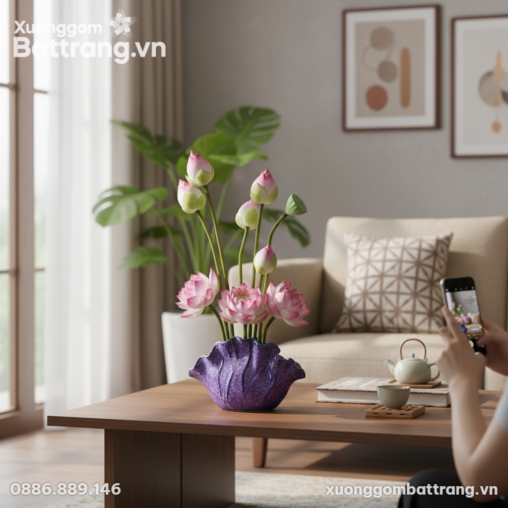 Phòng khách hiện đại Việt Nam, lọ hoa gốm men t...