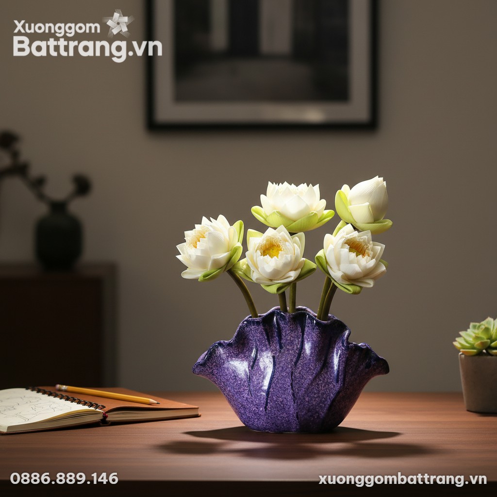 Lọ hoa gốm men hỏa biến tím cao 20cm với dáng b...