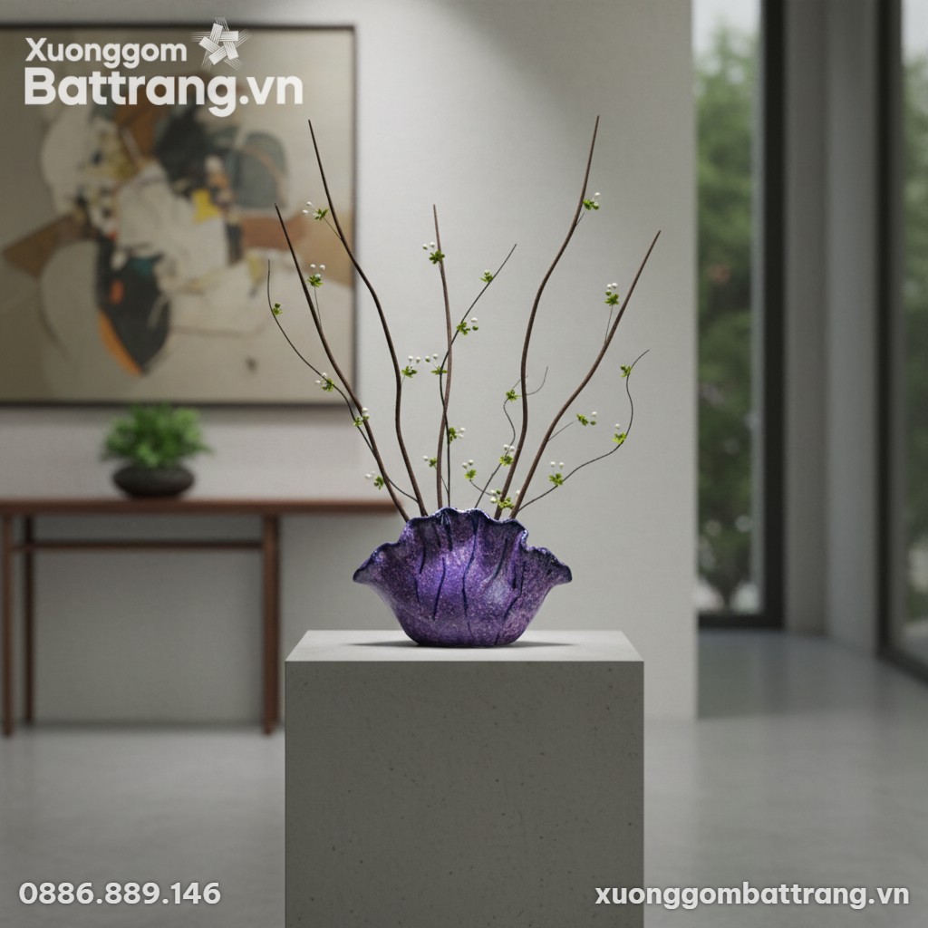 Lọ hoa gốm Bát Tràng men tím hỏa biến cao 20cm,...