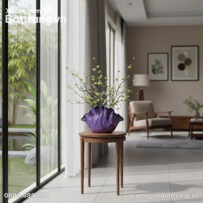 Lọ hoa gốm men hỏa biến tím cao 20cm, miệng loe...