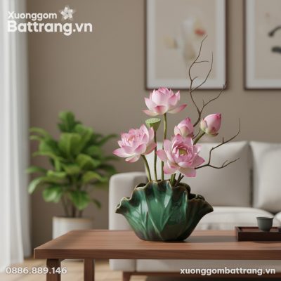 Lọ hoa dáng lá sen men xanh ngọc (20x33cm) đặt ...