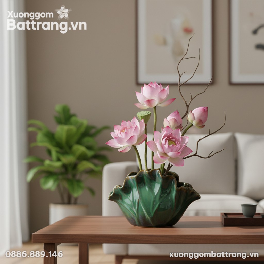 Lọ hoa dáng lá sen men xanh ngọc (20x33cm) đặt ...