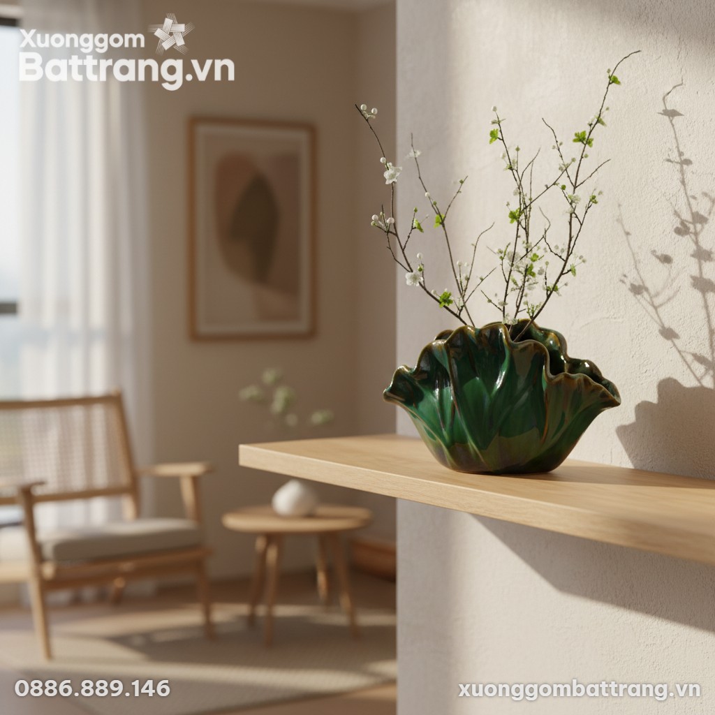 Chụp cận cảnh lọ hoa dáng lá sen men xanh ngọc ...