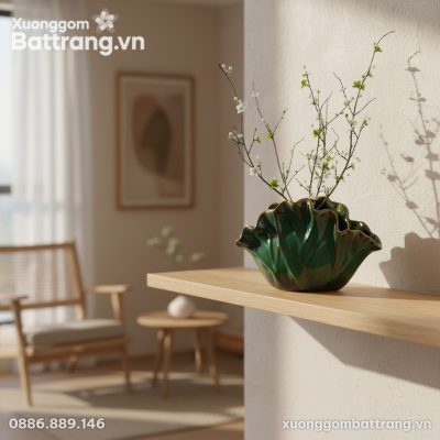 Chụp cận cảnh lọ hoa dáng lá sen men xanh ngọc ...