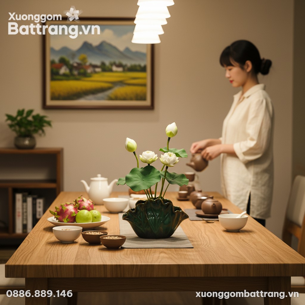 Lọ hoa dáng lá sen men xanh ngọc (20x33cm) làm ...