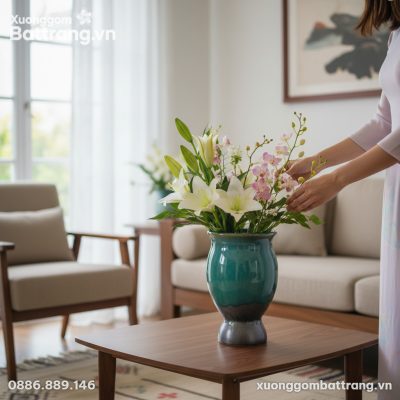 Lọ hoa men xanh ngọc trên bàn gỗ trong phòng kh...