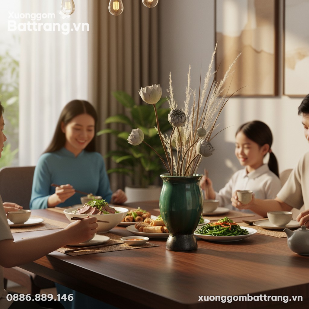 Lọ hoa men xanh ngọc đặt trên bàn ăn gỗ sang tr...