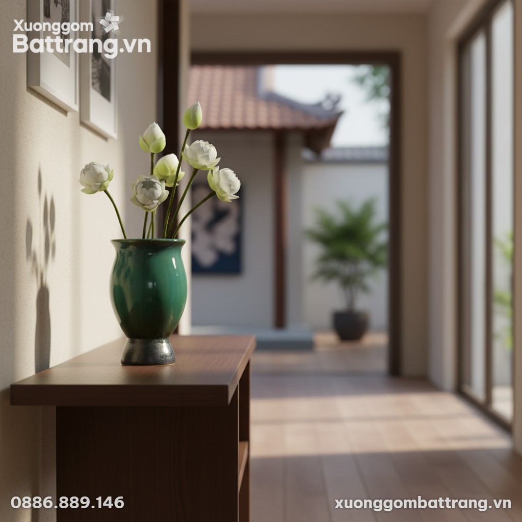 Lọ hoa men xanh ngọc đặt trên bàn console gỗ tr...