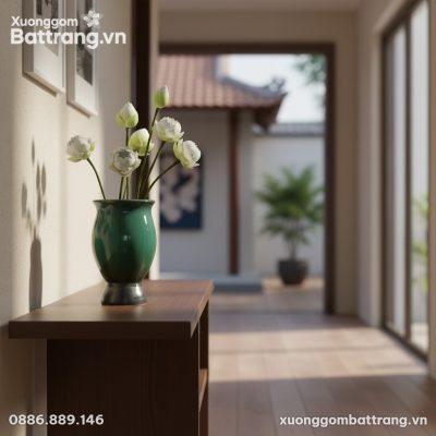 Lọ hoa men xanh ngọc đặt trên bàn console gỗ tr...