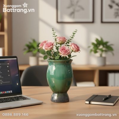 Lọ hoa men xanh ngọc cắm hoa hồng hồng cành ngắ...