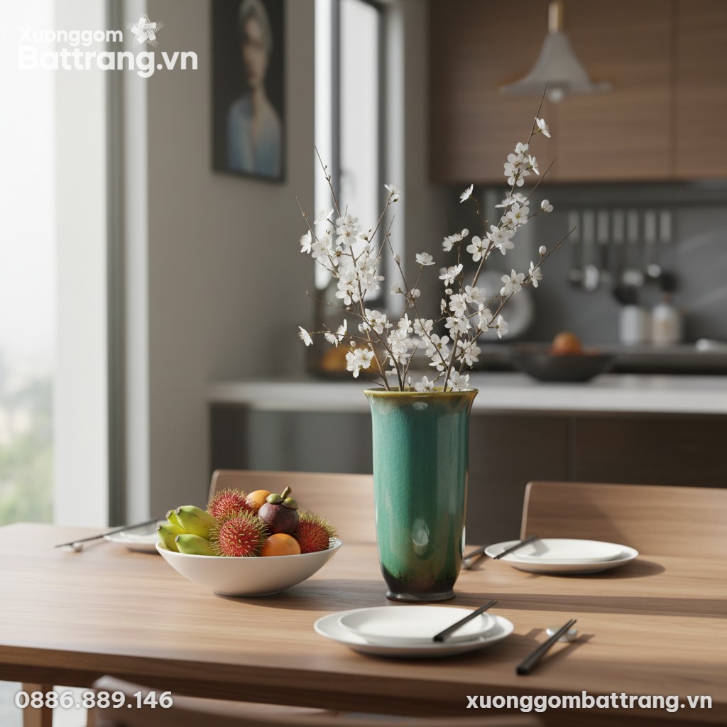 Lọ hoa men hỏa biến xanh ngọc (cao 31cm) đặt tr...