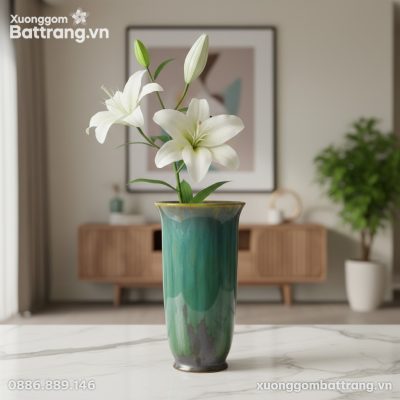 Cận cảnh lọ hoa men hỏa biến xanh ngọc (cao 31c...