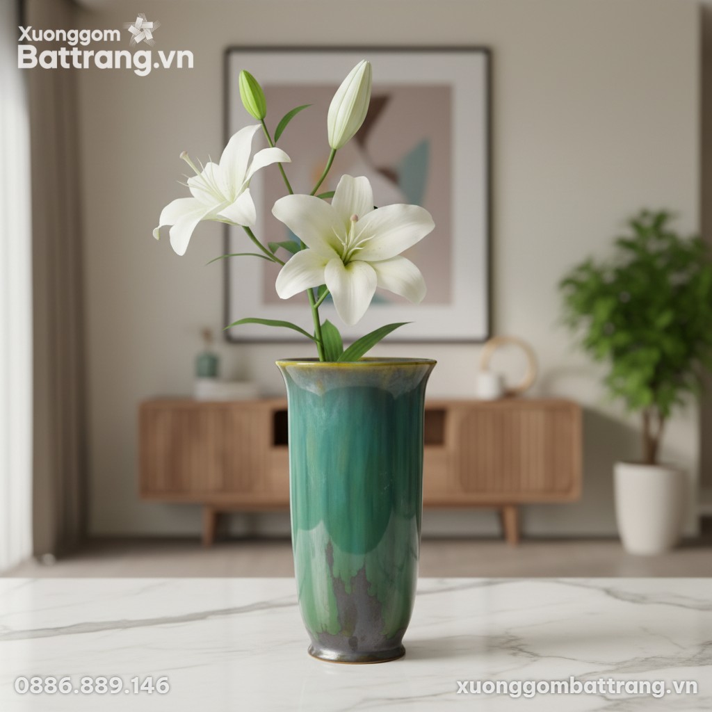 Cận cảnh lọ hoa men hỏa biến xanh ngọc (cao 31c...