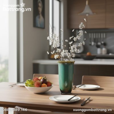 Lọ hoa men hỏa biến xanh ngọc (cao 31cm) đặt tr...