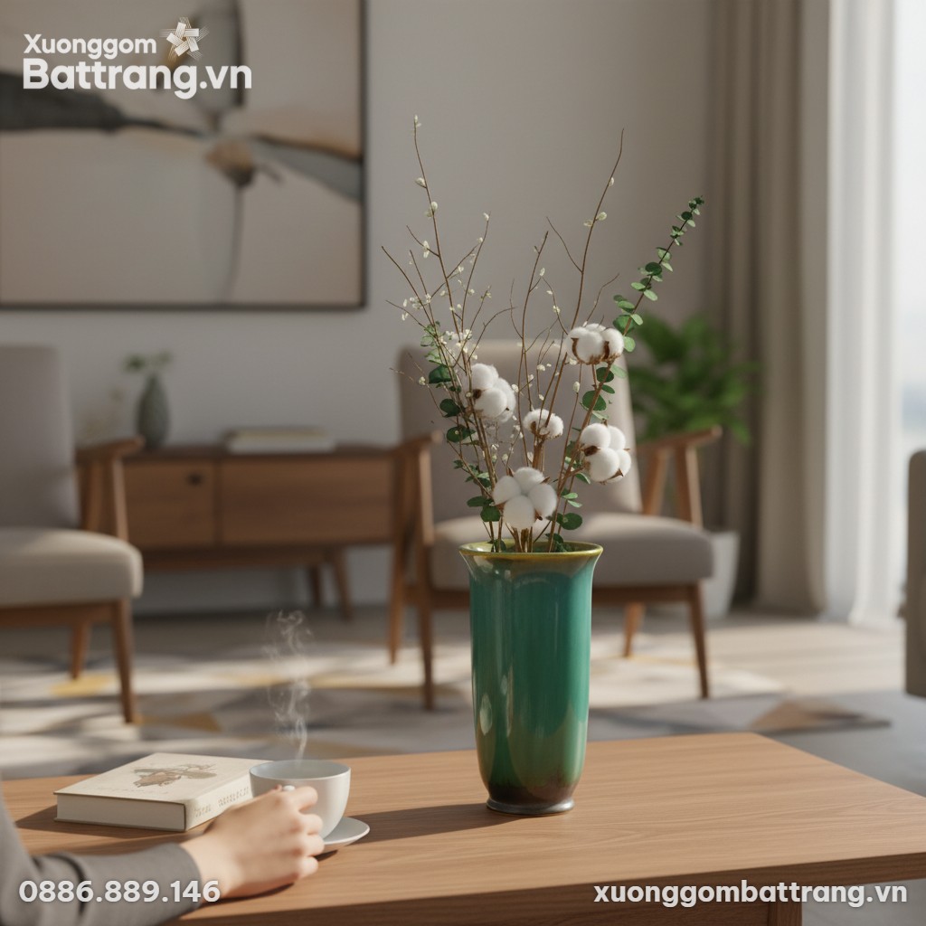 Phòng khách Việt Nam hiện đại với lọ hoa men hỏ...