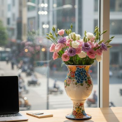 Lọ hoa gốm Bát Tràng dáng ly vẽ ngàn hoa đa sắc...