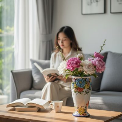 Một người phụ nữ trẻ thanh lịch đang ngồi đọc s...